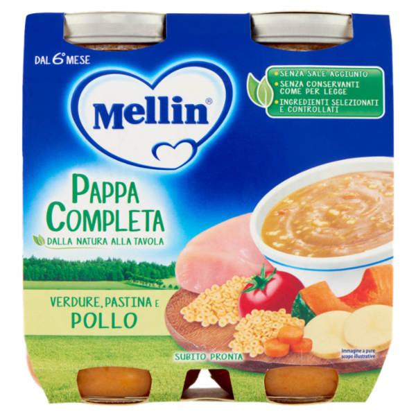 MELLIN Pappa Completa, Pastina Verdure Pollo, dal 6° mese, 2x250g