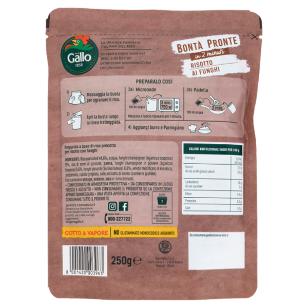 Riso Gallo Bontà Pronte in 2 minuti Risotto ai Funghi 250 g