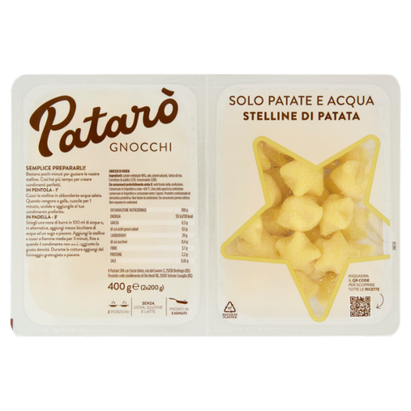 Patarò Gnocchi Solo Patate e Acqua Stelline di Patate 2 x 200 g