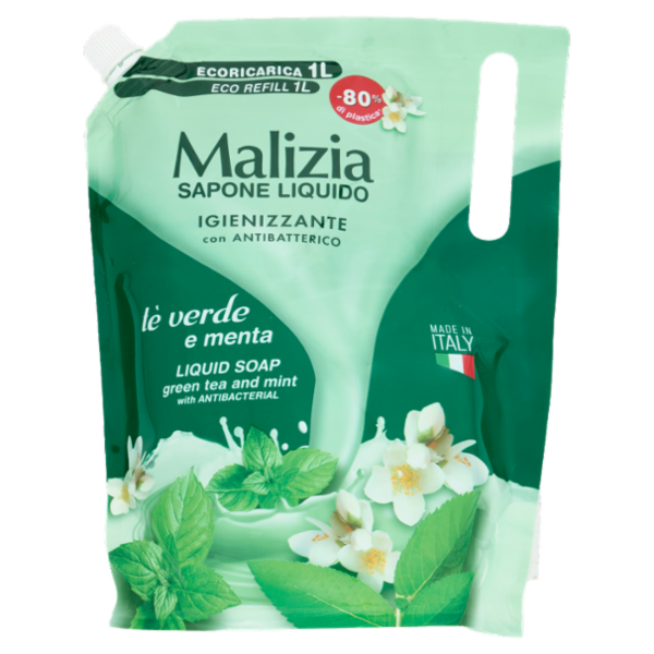 Malizia Sapone Liquido Igienizzante con Antibatterico tè verde e menta Ecoricarica 1000 mL