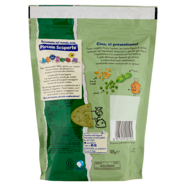 MELLIN Puzzle Crackers, Piselli e Basilico, Senza Sale e Zuccheri, adatto dai 15 mesi, 105g
