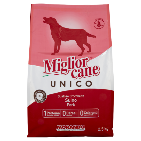 Migliorcane Unico Gustose Crocchette Suino per Cani Adulti >10 kg Taglia Media 2,5 kg