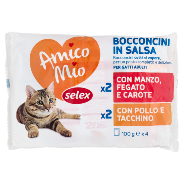 Selex Amico Mio Gatto Bocconcini in Salsa 2 Manzo, Fegato e Carote e 2 Pollo e Tacchino 4x100 g