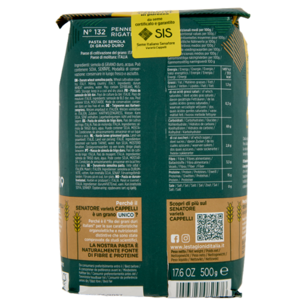 Le Stagioni d'Italia Senatore varietà Cappelli Penne Rigate 500 g