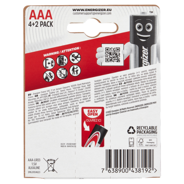Energizer Max AAA Alkaline 4+2 pz