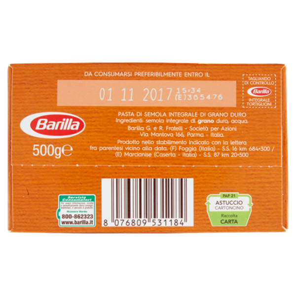 Barilla Pasta Integrale Tortiglioni 100% grano italiano 500 g