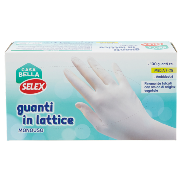 Selex Casa Bella Guanti Monouso in Lattice Naturale Misura Media (7-7,5) Dispenser 100 pezzi