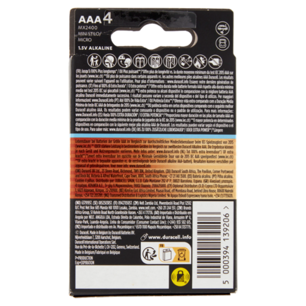Duracell Optimum AAA Batterie Stilo Alcaline 1.5 V LR03 MX2400 confezione da 4 Pile Duracell