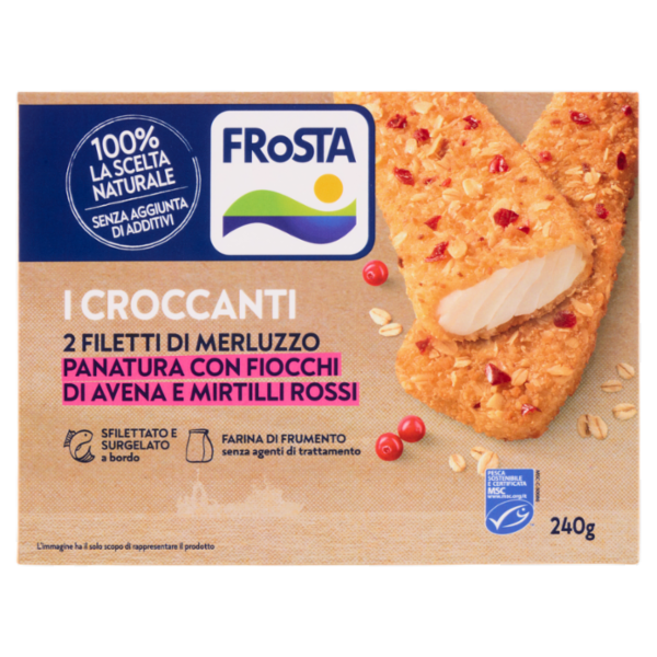 FRoSTA i Croccanti 2 Filetti di Merluzzo Panatura con Fiocchi di Avena e Mirtilli Rossi 240 g