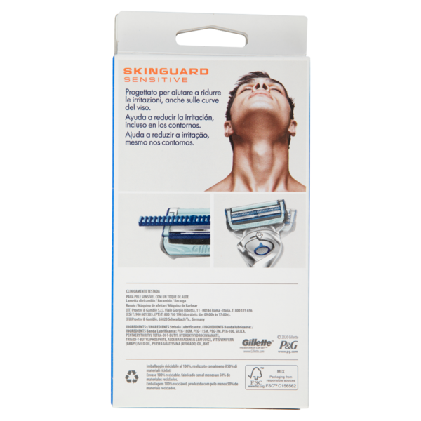 Gillette Rasoio da Uomo SkinGuard Sensitive con Aloe Manico Flexball+Lamette di Ricambio,2 Ricariche
