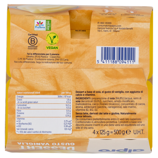 ALPRO Dessert 100% Vegetale Gusto Vaniglia, Senza Lattosio, Povero di Grassi, Fonte di Calcio,4X125g