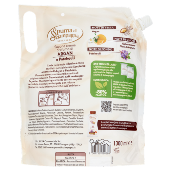 Spuma di Sciampagna Benessere Sapone crema Argan e Patchouli Ecoricarica 1300 ml