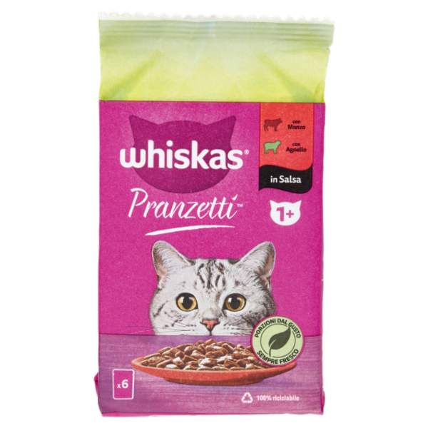 Whiskas Pranzetti Cibo Umido Gatto con Manzo e Agnello in Salsa 6 x 50 g