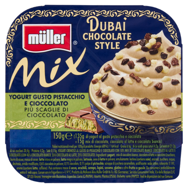 müller Mix Dubai Chocolate Style Yogurt Gusto Pistacchio e Cioccolato Più Scaglie di Cioccolato 150g