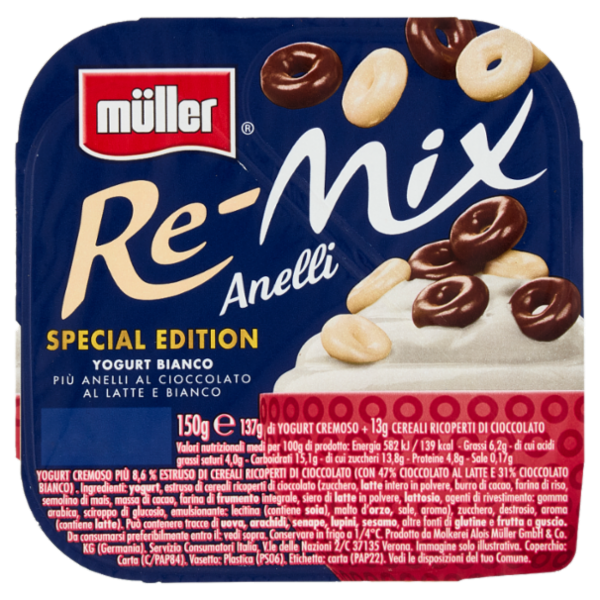 müller Re-Mix Anelli Yogurt Bianco Più Anelli al Cioccolato Latte e Bianco 150 g