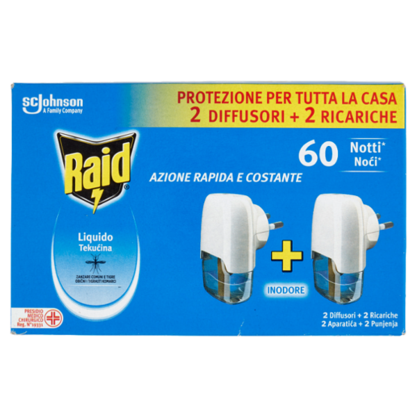 Raid Liquido Elettrico Antizanzare, Inodore, 60 Notti, 2 Diffusori e 2 Ricariche
