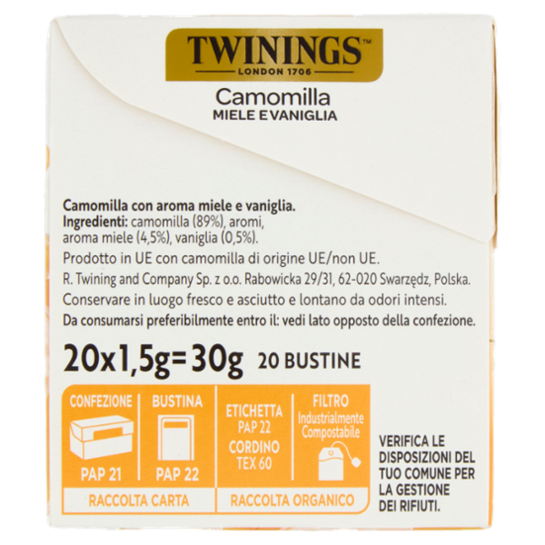 Twinings Camomilla Aromatizzata Miele e Vaniglia 20 filtri 30 g