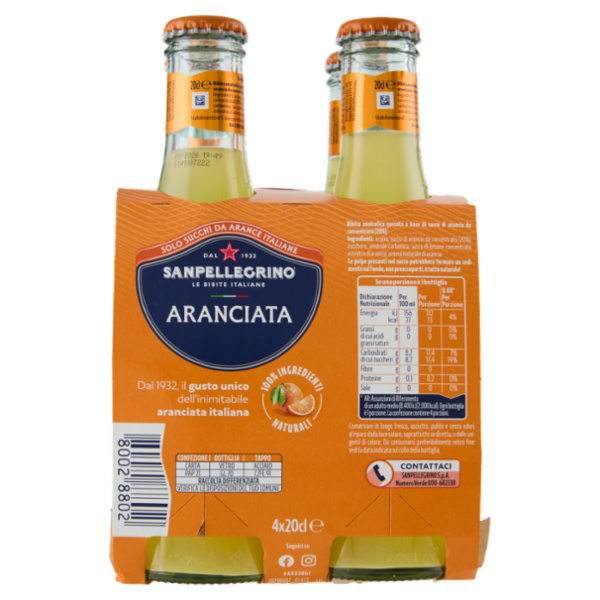 BIBITE SANPELLEGRINO, Bevanda Gassata,Aranciata, Vetro - 4x200ml