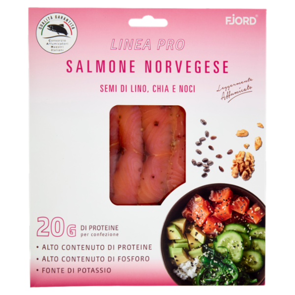 Fjord Linea Pro Salmone Norvegese Semi di Lino, Chia e Noci Leggermente Affumicato 0,080 Kg