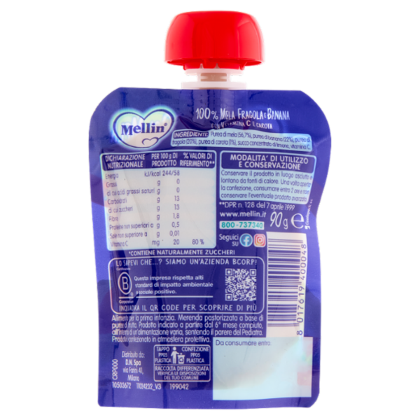 MELLIN Merenda di Frutta 100% con Carota e Vit C, Mela Fragola e Banana, dal 6° mese, Pouch 90 g