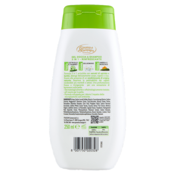 Spuma di Sciampagna Benessere Gel Doccia & Shampoo Rinfrescante Cetriolo e Bambù 250 ml