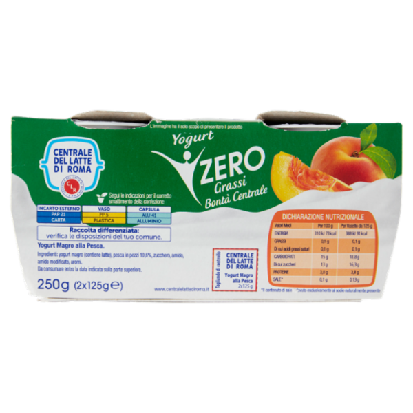 Centrale del Latte di Roma Zero Grassi Pesca Yogurt magro con frutta in pezzi 2 x 125 g