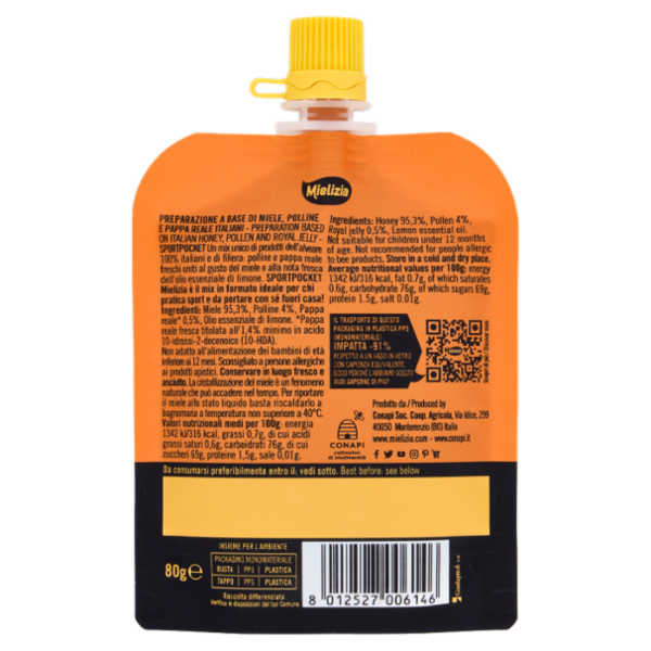 Mielizia Sport Pocket Miele, Polline e Pappa Reale Italiani 80 g