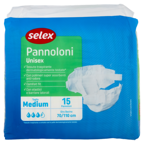 Selex Pannoloni Unisex con Elastici e Barriere Laterali Taglia Medium 15 pezzi