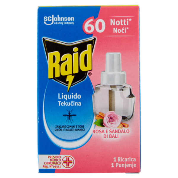 Raid Liquido Elettrico Ricarica, 60 Notti, Rosa e sandalo di bali, 36ml