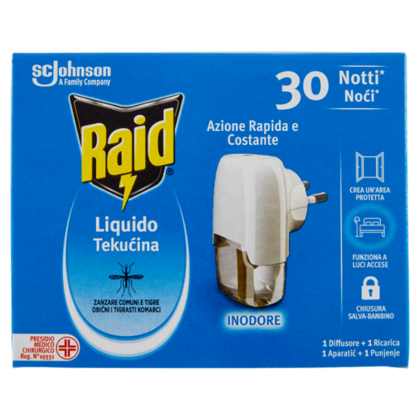 Raid Liquido Elettrico Antizanzare Contro Zanzare, 1 Base e 1 Ricarica 21 ml, 30 Notti