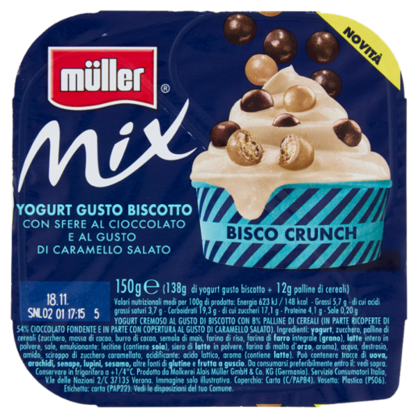 müller Mix Bisco Crunch Yogurt Gusto Biscotto con Sfere al Cioccolato e al Caramello Salato 150 g
