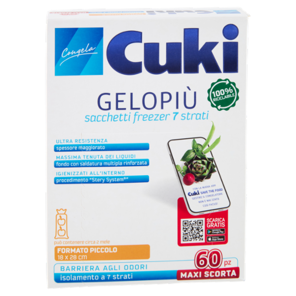 Cuki Congela Gelopiù sacchetti freezer 7 strati Formato Piccolo 18 x 28 cm 60 pz