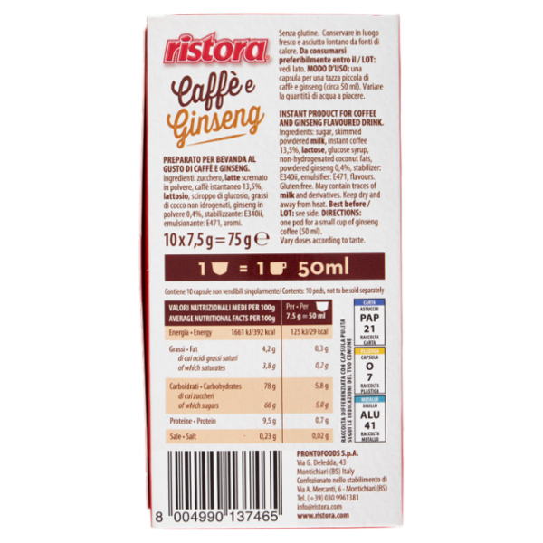ristora Caffè e Ginseng capsule compatibili con macchine Nespresso* 10 x 7,5 g