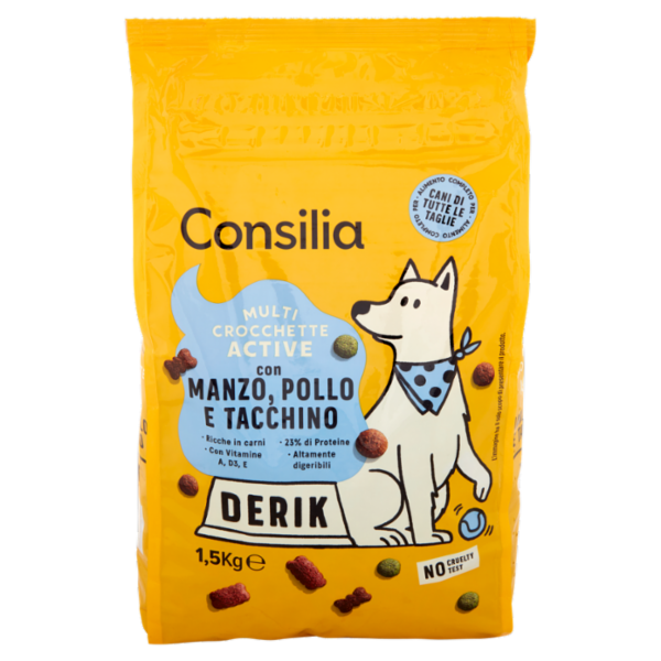 Consilia Derik Cane Multi Crocchette Active con Manzo, Pollo e Tacchino 1,5 kg