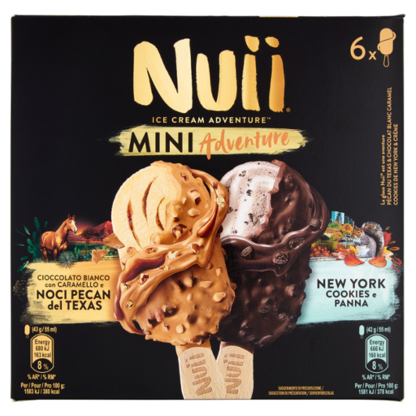NUII Mini Adventure Ciocc.Bianco-Caramello-Noci Pecan del Texas,New York Cookies-Panna 6 Gelati 255g