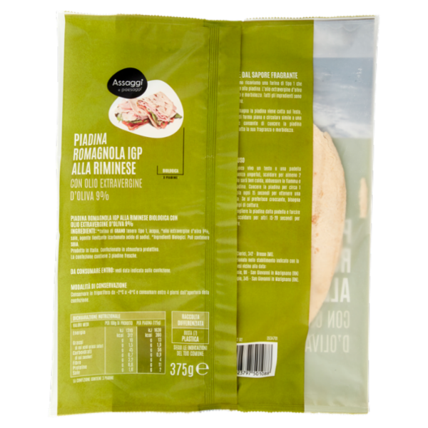 Assaggi e paesaggi Piadina Romagnola IGP alla Riminese Biologica 3 x 125 g