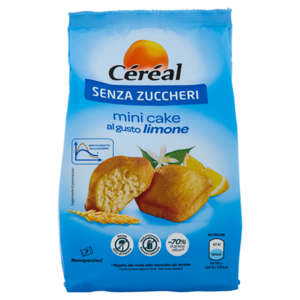 Céréal, Mini Cake gusto Limone, Senza Zuccheri, Senza Lattosio, Senza Olio di Palma - 7x28 g