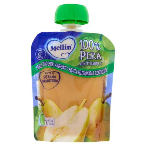 MELLIN Merenda di Frutta 100% con Vitamina C, Pera, a partire dal 6° mese, Pouch 90 g