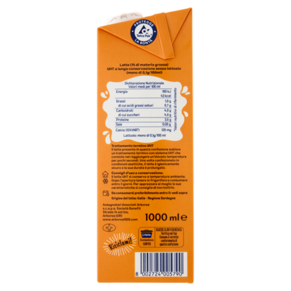Arborea Ad Alta Digeribilità UHT a Lunga Conservazione Senza Lattosio 1000 ml
