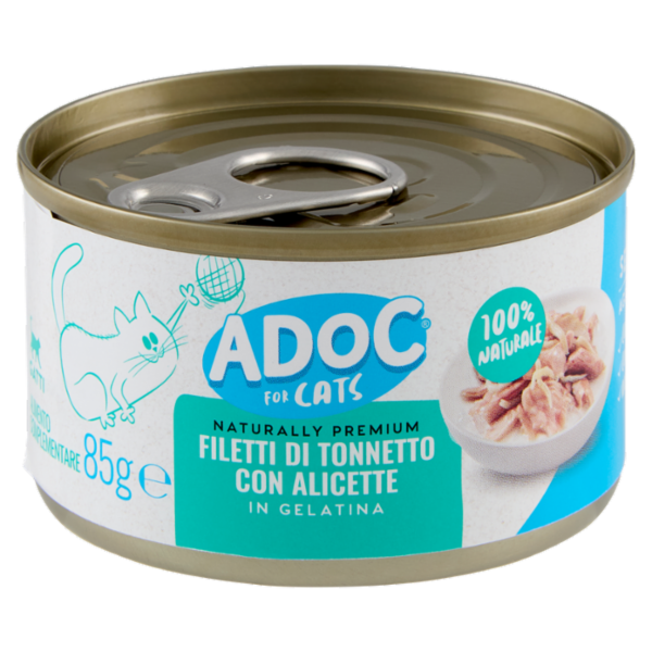 ADoC For Cats Naturally Premium Filetti di Tonnetto con Alicette in Gelatina 85 g