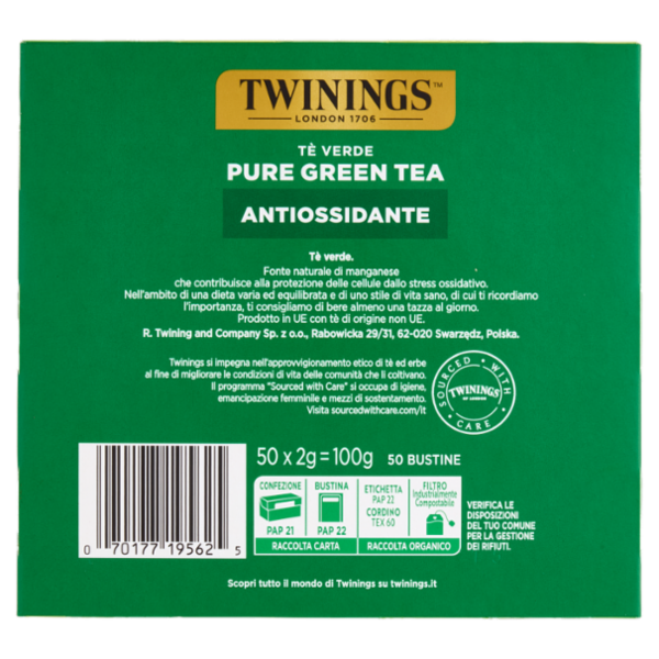 Twinings Pure Green Tea Tè Verde Antiossidante 50 filtri The 100 g