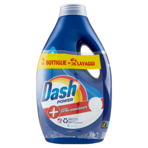 Dash Power Detersivo Liquido Lavatrice, Azione Extra-Igienizzante, 2x18 Lavaggi = 36 Lavaggi 2x900ml