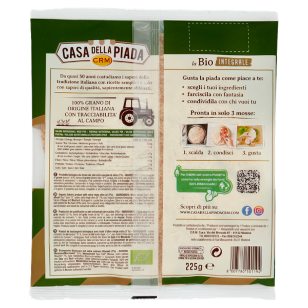 Casa della Piada la Bio Integrale Formato Medio M 3 Piadine 225 g