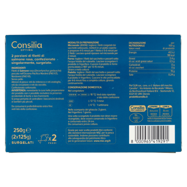 Consilia Optima Filetti di Salmone Rosa Selvaggio Surgelati 250 g