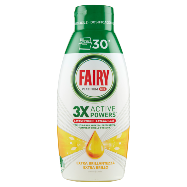 Fairy Gel Lavastoviglie Platinum Extra Brillantezza Detersivo Piatti Profumo Limone 30 Lavaggi 600ml