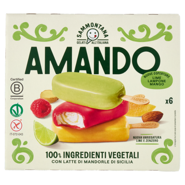 Sammontana Amando 6 Stecchi Gelato alla Vaniglia Variegato Lime e Zenzero Lime,Lampone,Mango 6x55g