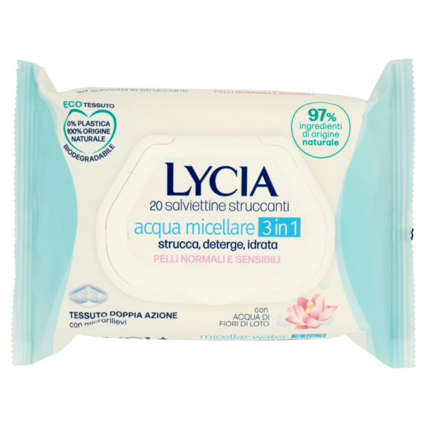 Lycia salviettine viso all'acqua micellare 3 in 1 Tutti i Tipi di Pelle Anche Sensibili 20 pz