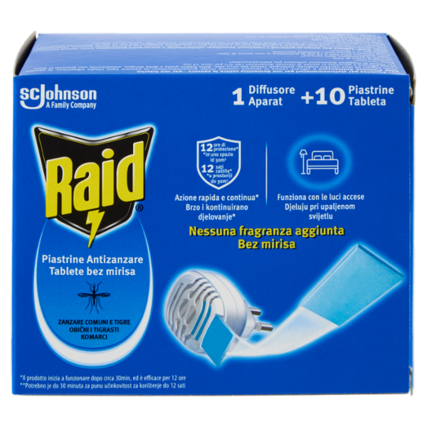 Raid Piastrine Antizanzare Comuni e Tigre, Azione prolungata, 1 Diffusore + 10 Piastrine Ricarica