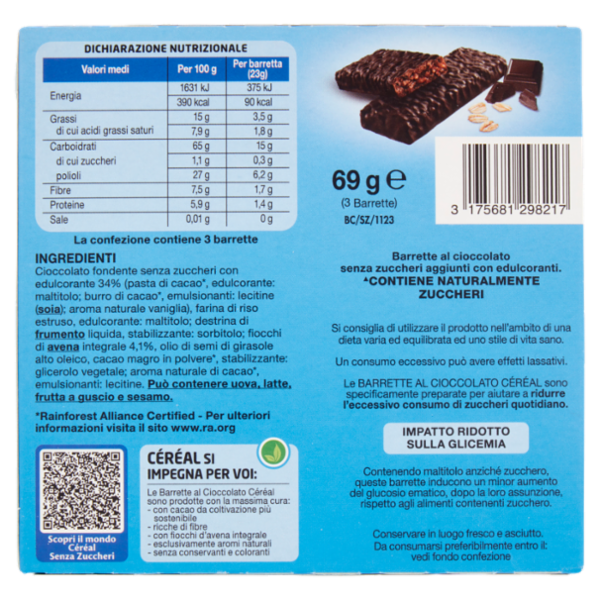 Céréal Senza Zuccheri Aggiunti* Barrette al Cioccolato, con Fiocchi di Avena Integrale - 69g