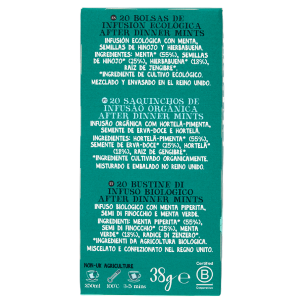 CUPPER After Dinner Mints Infuso Biologico Doppia Menta e Finocchio, Tisana Digestiva 20 Bustine 38g